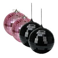 Grote discobal kerstballen - 4x st - roze en zwart - 10 cm - kunststof - thumbnail