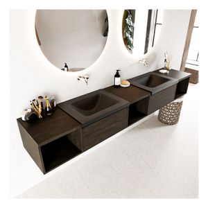 Mondiaz Bukla 240cm badmeubel met open module 40 L+M+R dark brown 2 lades met wastafel dubbel zonder kraangat kleur urban