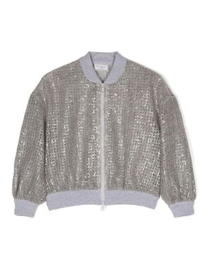 Brunello Cucinelli Kids veste bomber zippée à sequins - Gris