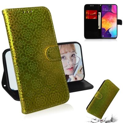 Voor Galaxy A50 effen kleur kleurrijke magnetische Buckle horizontale Flip PU lederen draagtas met houder & kaartsleuven & portemonnee & Lanyard (goud
