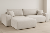 OP=OP Hoekbank Pim XL - Ribstof Lichtbeige -Universeel- Slaapbank met opbergruimte