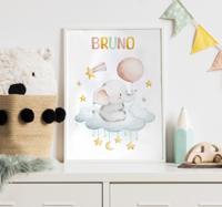 Olifant op wolk kinderkamer naam poster Olifant op wolk kinderkamer naam poster