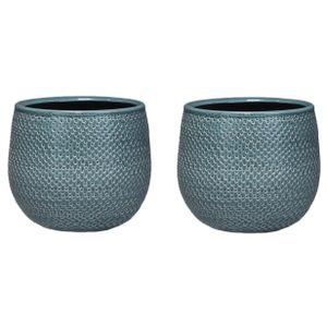 Set van 3x stuks bloempotten midnight blauw ribbels keramiek voor kamerplant H14 x D16 cm