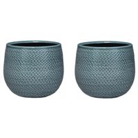 Set van 3x stuks bloempotten midnight blauw ribbels keramiek voor kamerplant H14 x D16 cm