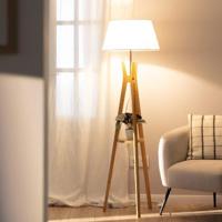 Staande lamp hout Vloerlamp 'Qais' stoffen kap poten witte kap 153cm Staande lamp hout Vloerlamp 'Qais' stoffen kap poten witte kap 153cm