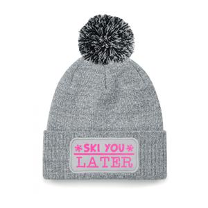 Wintersport muts met pompom - Ski You Later - grijs - glitters - one size - volwassenen - Apres ski