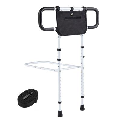 Opvouwbaar Bedhek voor Senioren Veiligheidshek voor Ouderen met Verstelbare Breedte en Hoogte Afneembaar Opbergvak Gewatteerde Handgrepen U-Vormige Voet-Wit