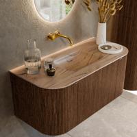 Badmeubel Mondiaz Kurve-Dlux | 100 cm | Meubelkleur Walnut | Wastafelkleur Arena | Solid surface | Wasbak midden spoelbak | Zonder kraangat(en)