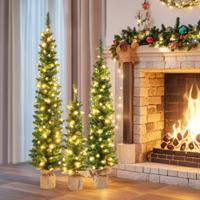 Set van 3 Voorverlichte Kunstkerstbomen 90+120+150 cm Fijne Kerstboom 415 Groene Takken 230 Warmwitte LED-Lampjes Hessian Basis