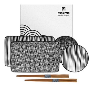 Sushi borden set met eetstokjes - Tokyo Design Studio - Nippon Black - 21 x 13.5 & 9.5 x 3cm