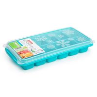 Tray met ijsblokjes/ijsklontjes vormpjes 12 vakjes kunststof blauw met deksel - IJsblokjesvormen - thumbnail