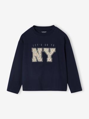 T-shirt met lange mouwen en letters voor meisjes marineblauw