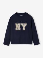 T-shirt met lange mouwen en letters voor meisjes marineblauw