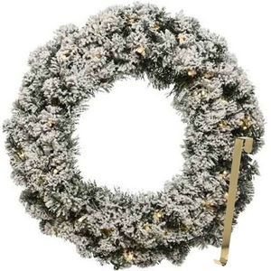 Kerstkrans 60 cm - groen met led - besneeuwd - met gouden hanger/ophanghaak