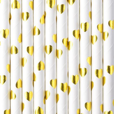 Drinkrietjes - papier - 10x - wit/goud hartjes - 19,5 cm - rietjes