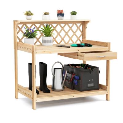 Houten Plantentafel met Klimrek Tuintafel met Werkblad & Lade & 2 Planken Natuur