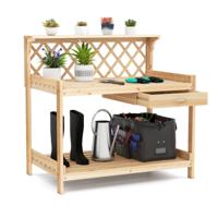 Houten Plantentafel met Klimrek Tuintafel met Werkblad & Lade & 2 Planken Natuur
