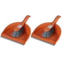 Stoffer en blik set - 2x - oranje - zachte borstel - kunststof - 32 x 22 cm