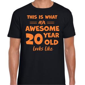 Cadeau T-shirt voor heren - leeftijd 20 jaar - awesome - zwart - glitter oranje - Verjaardagsfeest