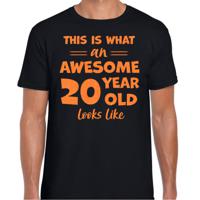 Cadeau T-shirt voor heren - leeftijd 20 jaar - awesome - zwart - glitter oranje - Verjaardagsfeest