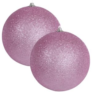 2x Roze grote kerstballen met glitter kunststof 13,5 cm