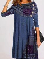 Cotton Round Neck Long Sleeve Knitting Dress - thumbnail