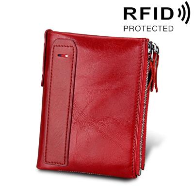 Echte koeienhuid Crazy Horse textuur dubbele rits korte stijl Card houder portemonnee RFID blokkeren kaart leerzak beschermen hoes voor mannen, maat: