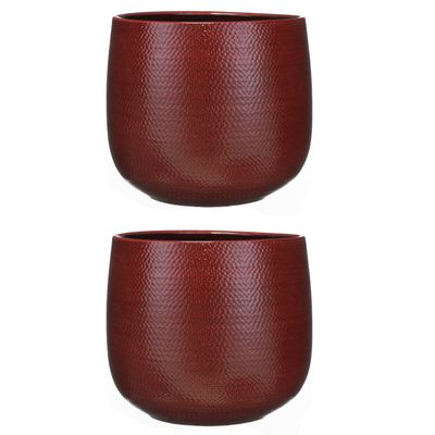 Set van 2x stuks bloempotten bordeaux rood ribbels keramiek voor kamerplant H25 x D29 cm