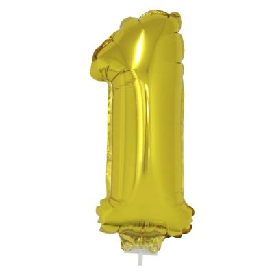 Gouden opblaas cijfer ballon - 1 jaar - op stokje - H41 cm - Leeftijd versiering