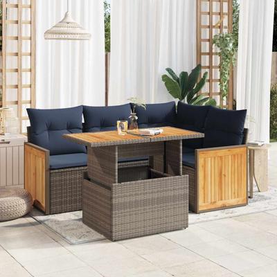 5-delige Loungeset met kussens poly rattan acacia grijs
