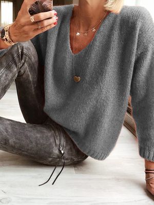 Casual V Neck Plain Sweater Casual V Neck Plain Sweater