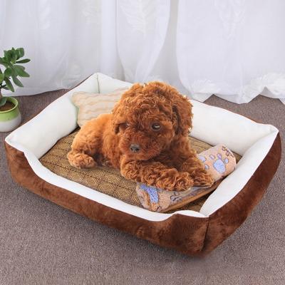 Hond bot patroon grote zachte warme kennel huisdier hond kat mat deken met rotan mat & deken grootte: XS 50 × 40 × 15cm (bruin wit)
