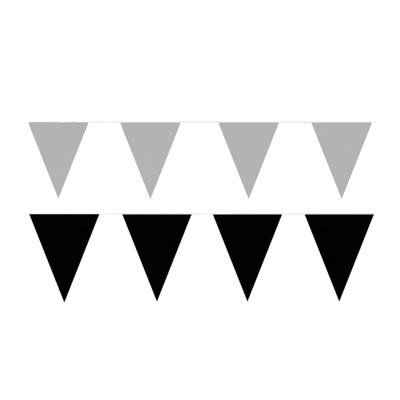 Feest versiering punt vlaggetjes pakket - 120 meter - zilver en zwart - slingers / vlaggenlijnen