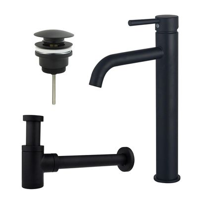 Fortifura Calvi Wastafelkraanset - verhoogde wastafelkraan - klikwaste plug - verlaagde design sifon - Mat zwart SW377834/SW696199/SW696215