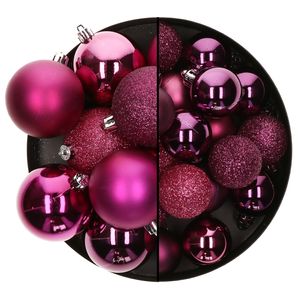 Kerstballen - 26x st - 3 en 7 cm - framboos/roze - kunststof - kerstversiering