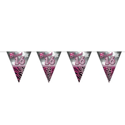 Sweet 16 Sixteen vlaggenlijn slinger - plastic - 10 meter - versiering - roze/zilver