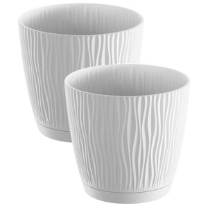 2x stuks stijlvolle kunststof plantenpot/bloempot dia 15 cm/hoogte 14 cm Waves wit