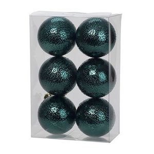 6x Kunststof kerstballen cirkel motief petrol blauw 6 cm kerstboom versiering/decoratie   -