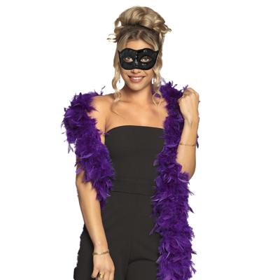 Venetiaans oogmasker in het zwart - Met dikke veren Boa in het paars - 180 cm - Dames