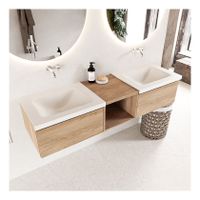 Mondiaz Bukla 160cm badmeubel met open module 40 kleur washed oak 2 lades wastafel dubbel zonder kraangat kleur talc