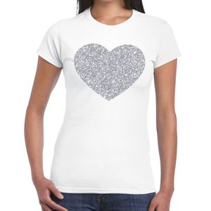 Zilveren hart glitter t-shirt wit dames