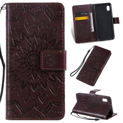 Gedrukt afdrukken zonnebloem patroon horizontale Flip PU lederen case voor Galaxy A10e met houder & kaartsleuven & portemonnee & Lanyard (bruin)