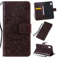 Gedrukt afdrukken zonnebloem patroon horizontale Flip PU lederen case voor Galaxy A10e met houder & kaartsleuven & portemonnee & Lanyard (bruin)