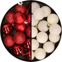 34x stuks kunststof kerstballen rood en wol wit 3 cm - thumbnail