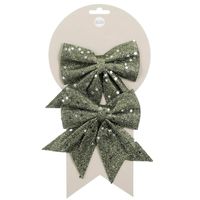 House of Seasons kerst ornamenten strikjes 2x- donkergroen -12x13 cm -glitter - Kersthangers