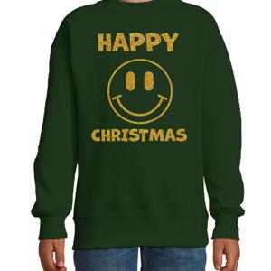 Kersttrui/sweater voor jongens/meisjes - Happy Christmas - groen - Smile Emoticon - glitter goud