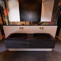 Badkamermeubelset Mondiaz Erin 150 cm met 2 Lades met RIDGE Wastafel Dubbel Urban Zonder Kraangaten Greeploos Mat Dark Brown