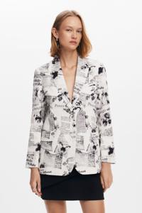 Rechte blazer met tekst en bloemen - WHITE - XL