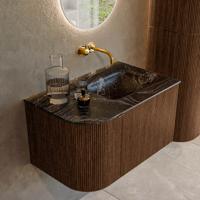 Badmeubel Mondiaz Kurve-Dlux | 75 cm | Meubelkleur Walnut | Wastafelkleur Lava | Solid surface | Rechts spoelbak | Zonder kraangat(en) Badmeubel Mondiaz Kurve-Dlux | 75 cm | Meubelkleur Walnut | Wastafelkleur Lava | Solid surface | Rechts spoelbak | Zonder kraangat(en)