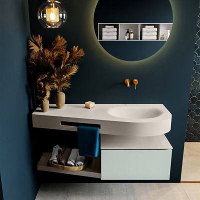 MONDIAZ RIVA 120cm badmeubel onderkast / planchet kleur Greey met 1 lade. Wastafel DULCET rechts 0 kraangaten kleur Linen. MONDIAZ RIVA 120cm badmeubel onderkast / planchet kleur Greey met 1 lade. Wastafel DULCET rechts 0 kraangaten kleur Linen.